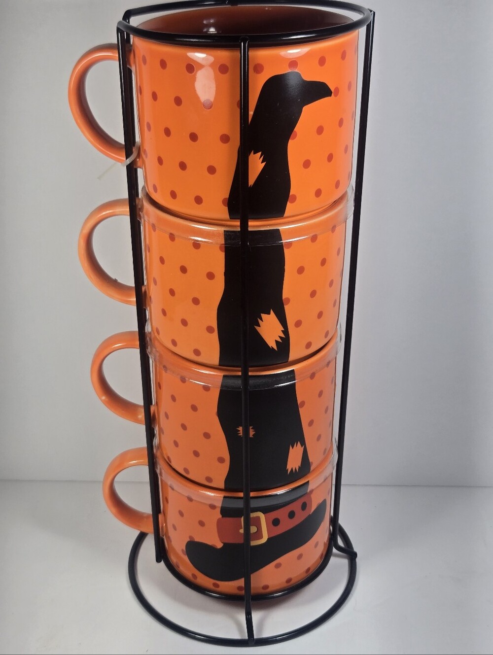 NEW Halloween Stacked Witch's Hat Coffee Mugs (4) With Wire Holding Cage NWOT